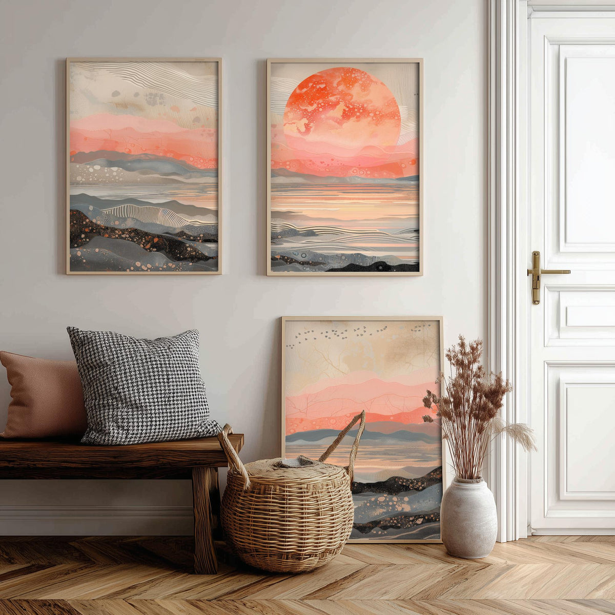 Red Moon Abstract Landscape Set of Three Art Prints - 3 Coral Pink Paintings - Mountains Sea Rising Moon Poster Wall Art Giclee