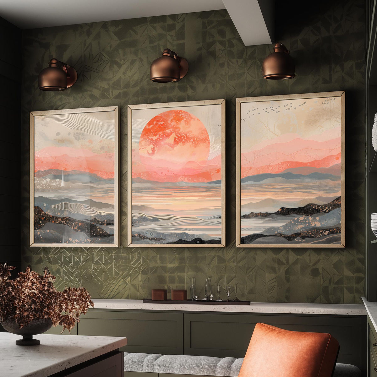 Red Moon Abstract Landscape Set of Three Art Prints - 3 Coral Pink Paintings - Mountains Sea Rising Moon Poster Wall Art Giclee