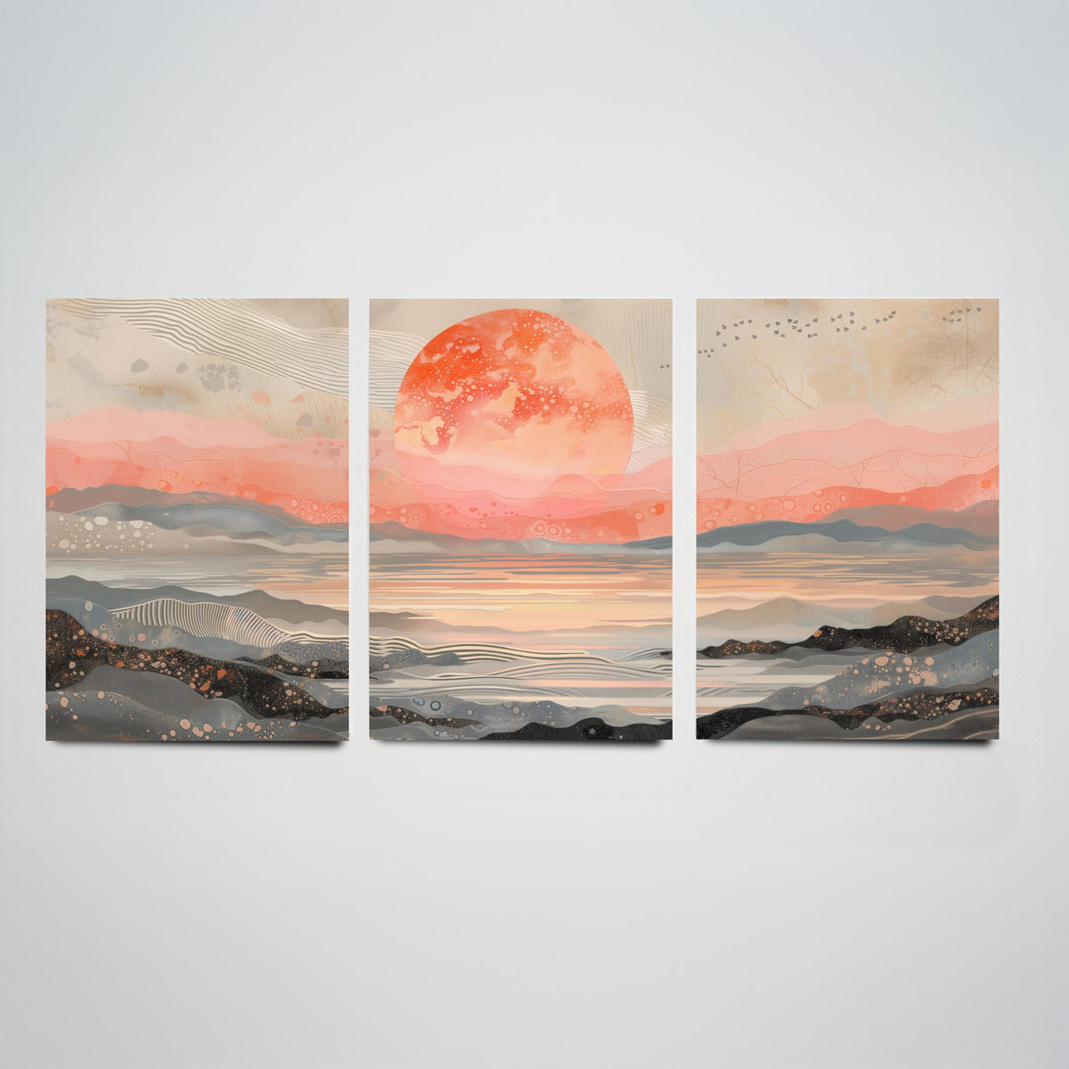 Red Moon Abstract Landscape Set of Three Art Prints - 3 Coral Pink Paintings - Mountains Sea Rising Moon Poster Wall Art Giclee