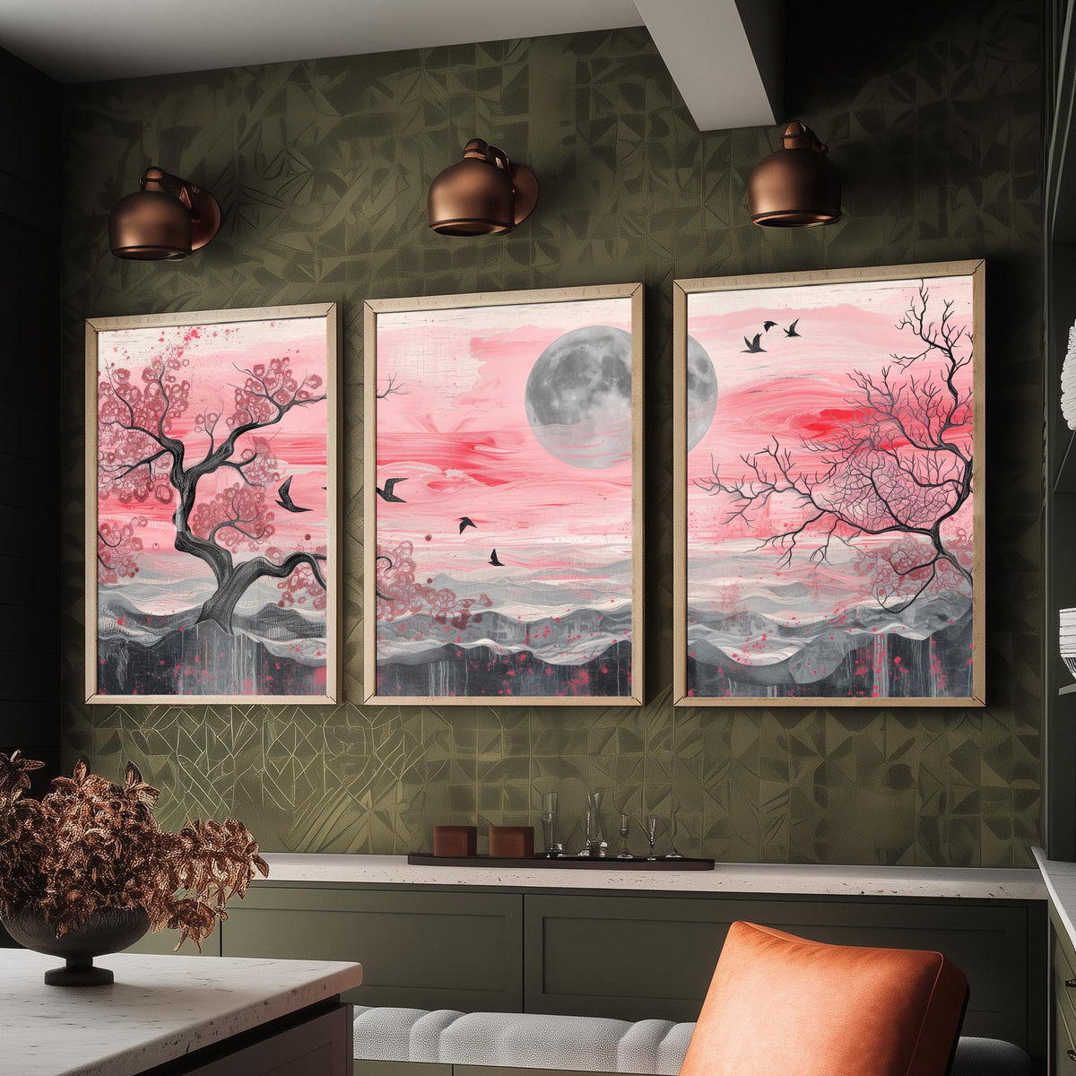 Pink Moonlit Trees and Birds Set of Three Art Prints - 3 Abstract Landscape Paintings - Grey Moon Blossom Poster Wall Art Decor