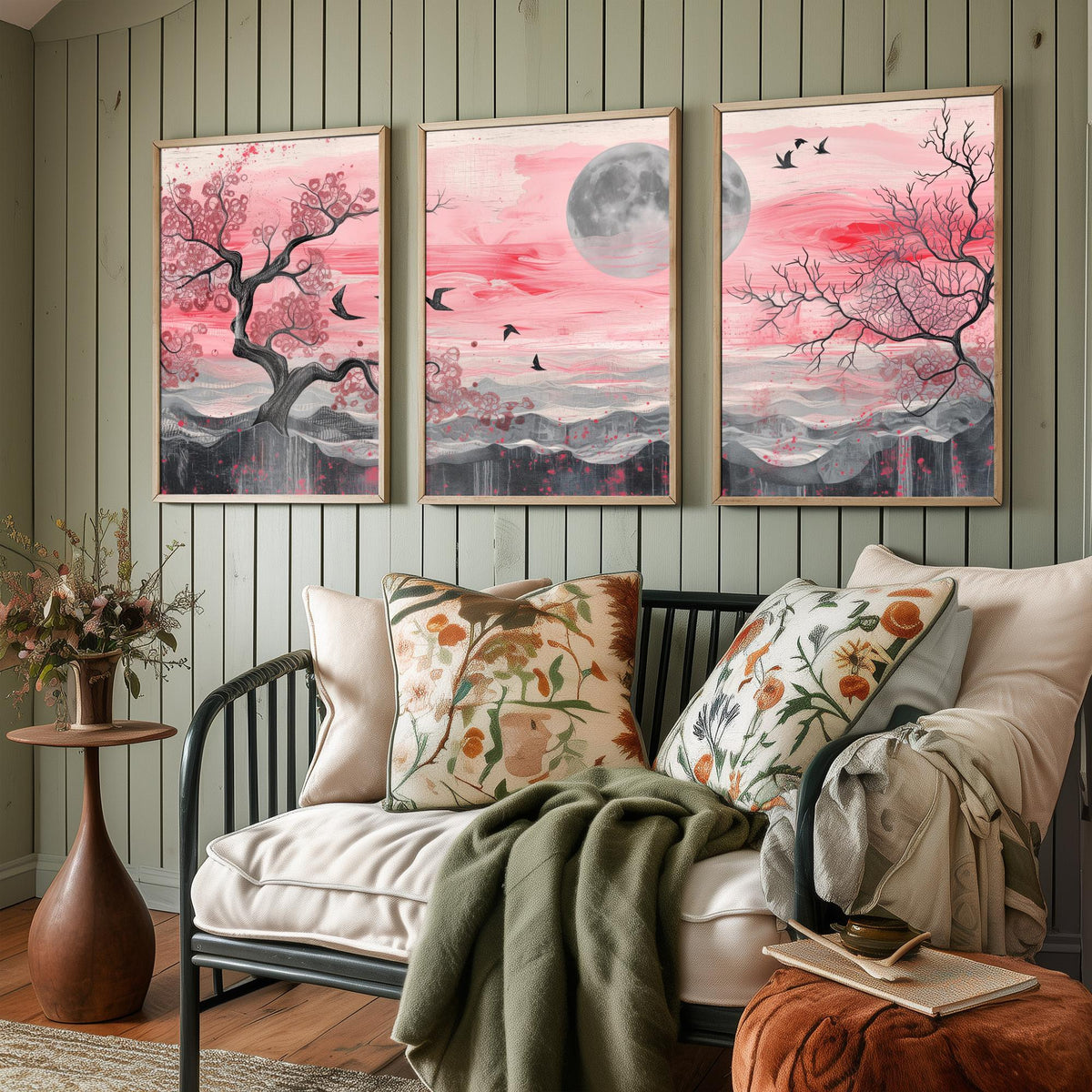 Pink Moonlit Trees and Birds Set of Three Art Prints - 3 Abstract Landscape Paintings - Grey Moon Blossom Poster Wall Art Decor