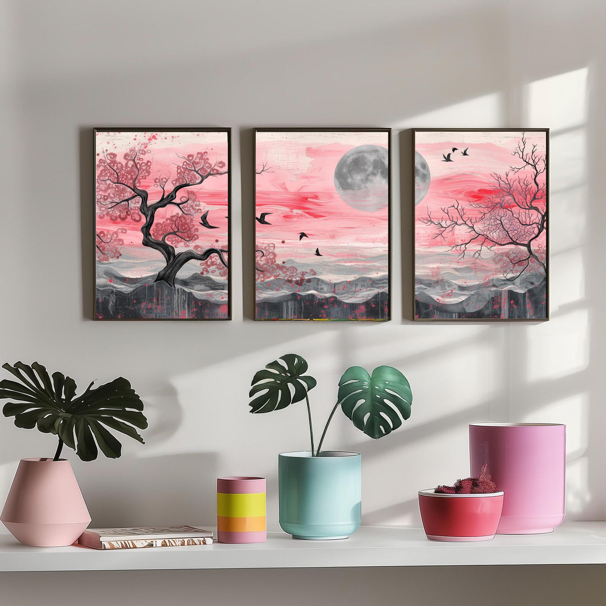 Pink Moonlit Trees and Birds Set of Three Art Prints - 3 Abstract Landscape Paintings - Grey Moon Blossom Poster Wall Art Decor