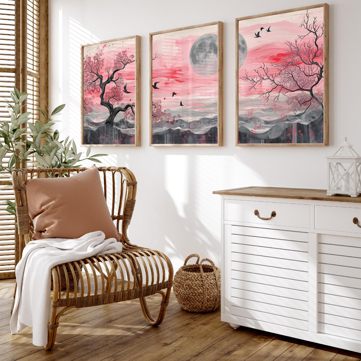 Pink Moonlit Trees and Birds Set of Three Art Prints - 3 Abstract Landscape Paintings - Grey Moon Blossom Poster Wall Art Decor