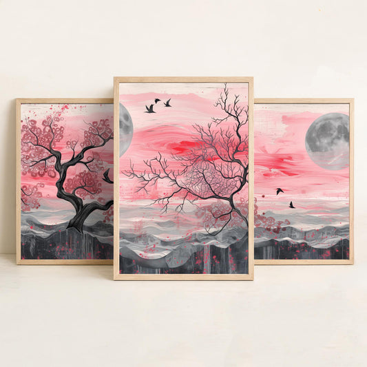 Pink Moonlit Trees and Birds Set of Three Art Prints - 3 Abstract Landscape Paintings - Grey Moon Blossom Poster Wall Art Decor