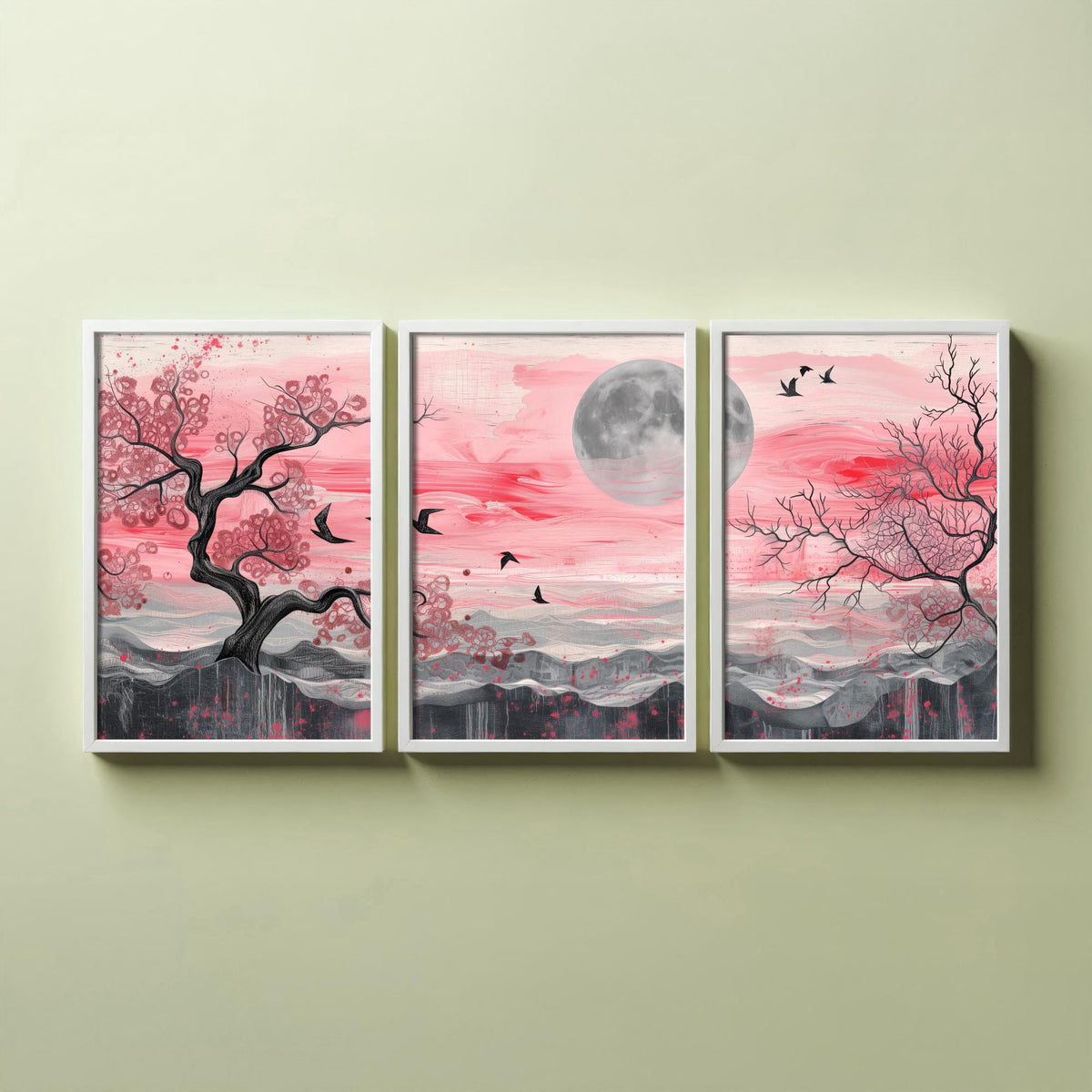 Pink Moonlit Trees and Birds Set of Three Art Prints - 3 Abstract Landscape Paintings - Grey Moon Blossom Poster Wall Art Decor