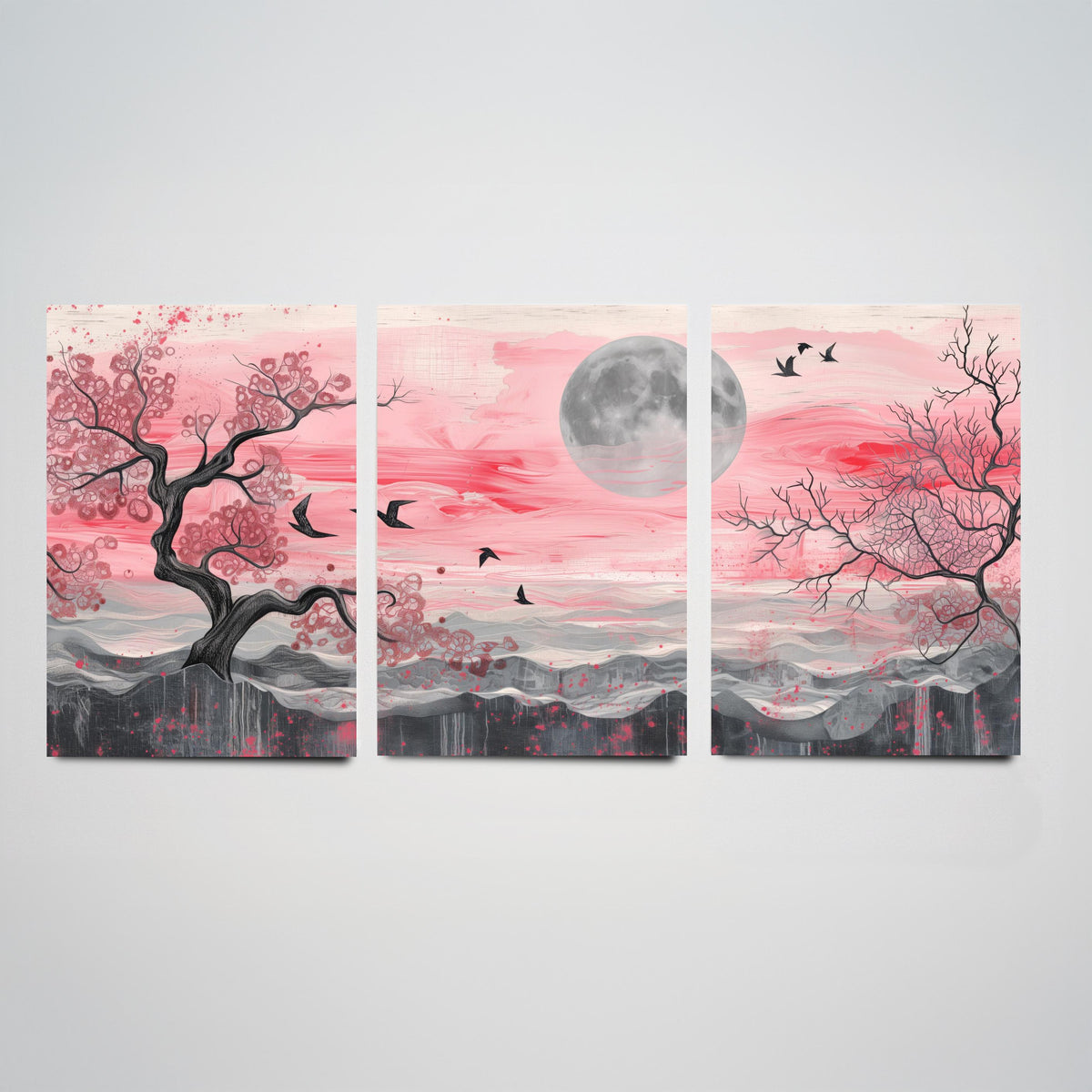 Pink Moonlit Trees and Birds Set of Three Art Prints - 3 Abstract Landscape Paintings - Grey Moon Blossom Poster Wall Art Decor