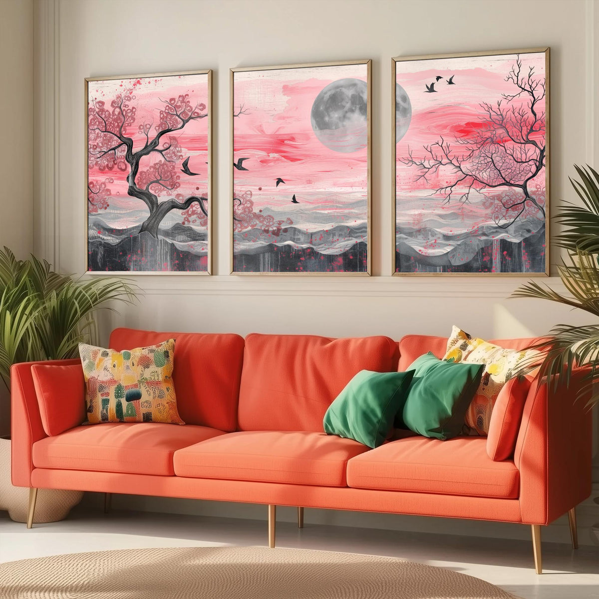 Pink Moonlit Trees and Birds Set of Three Art Prints - 3 Abstract Landscape Paintings - Grey Moon Blossom Poster Wall Art Decor