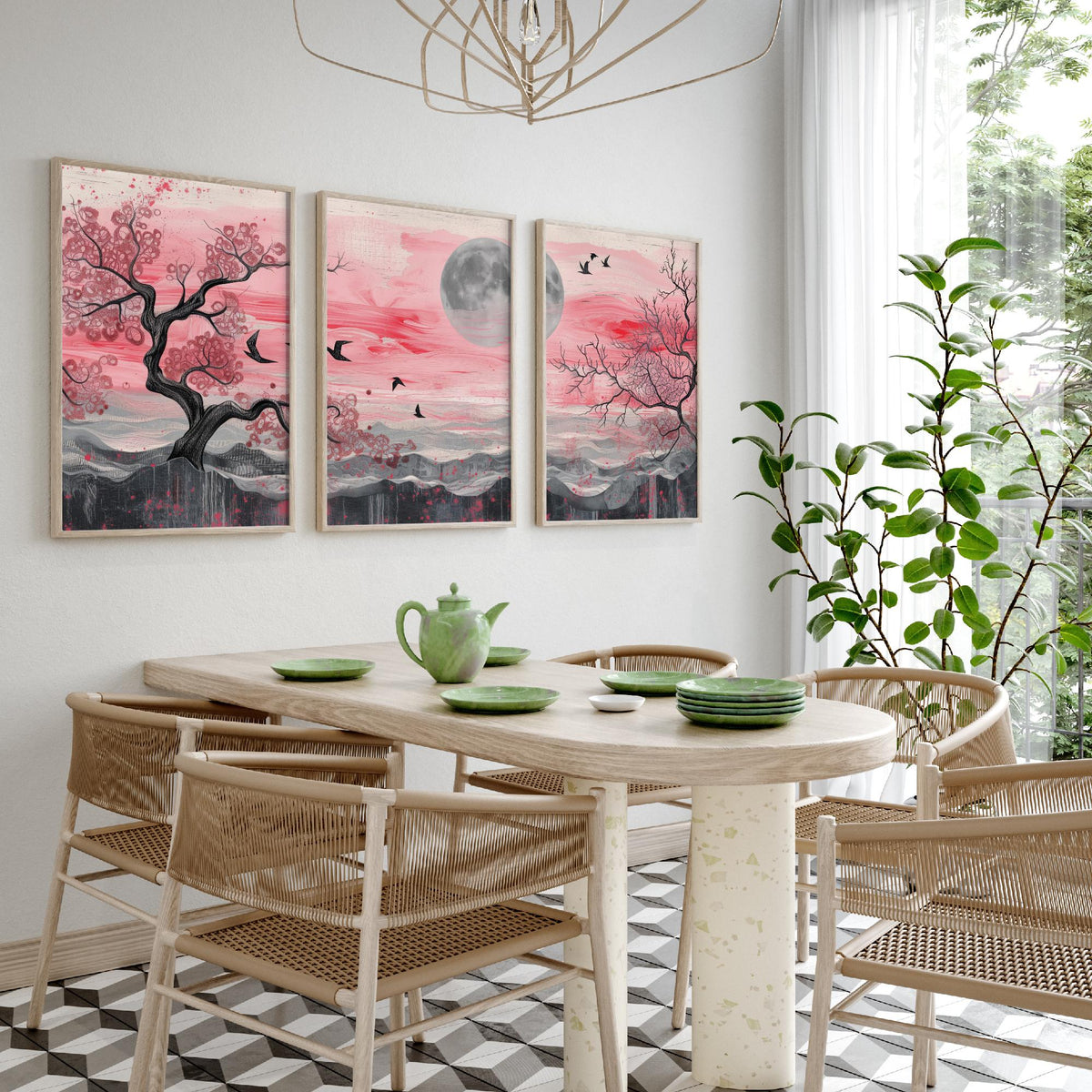 Pink Moonlit Trees and Birds Set of Three Art Prints - 3 Abstract Landscape Paintings - Grey Moon Blossom Poster Wall Art Decor