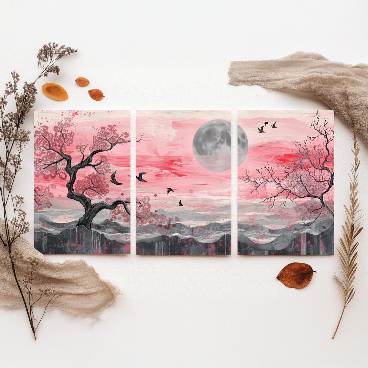Pink Moonlit Trees and Birds Set of Three Art Prints - 3 Abstract Landscape Paintings - Grey Moon Blossom Poster Wall Art Decor