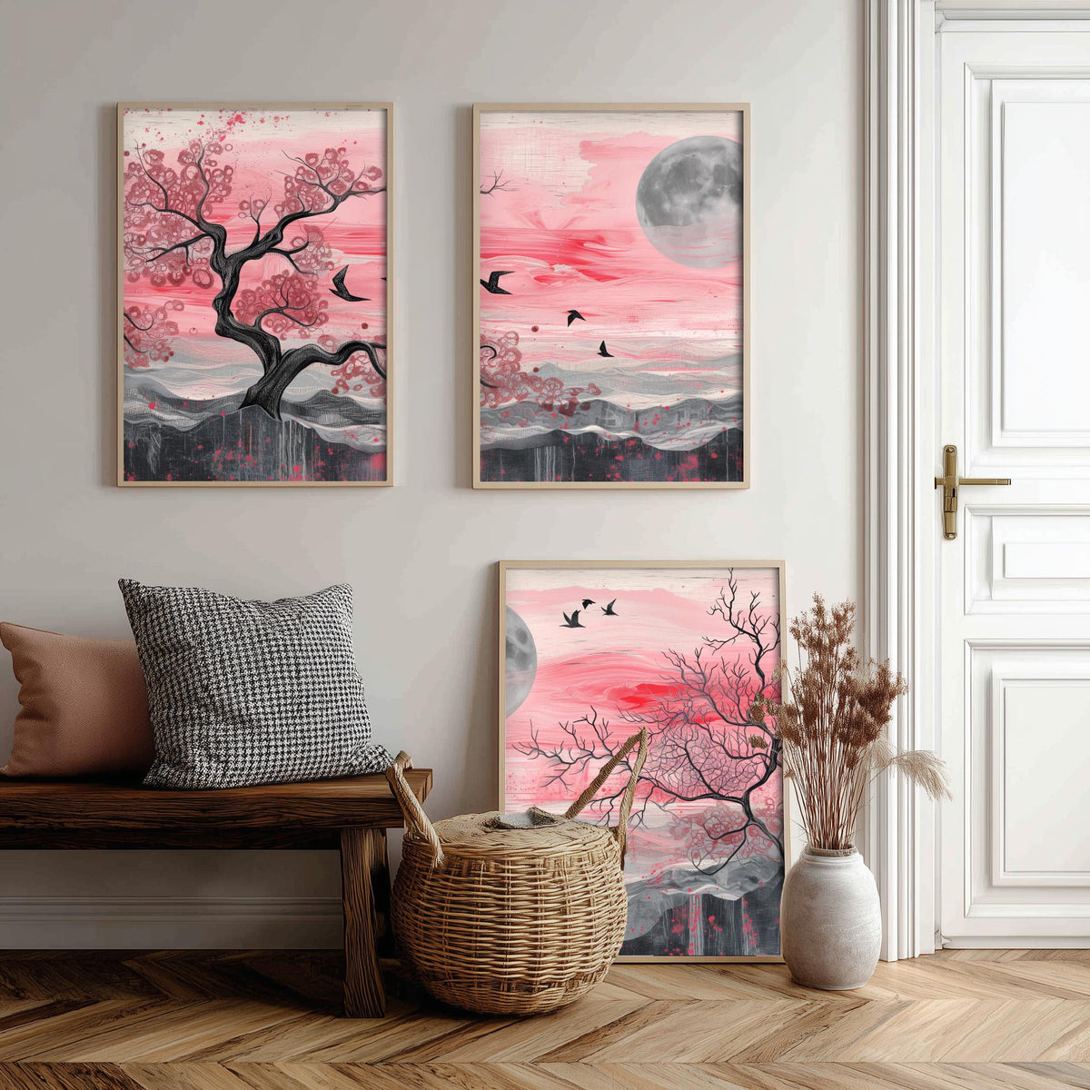 Pink Moonlit Trees and Birds Set of Three Art Prints - 3 Abstract Landscape Paintings - Grey Moon Blossom Poster Wall Art Decor
