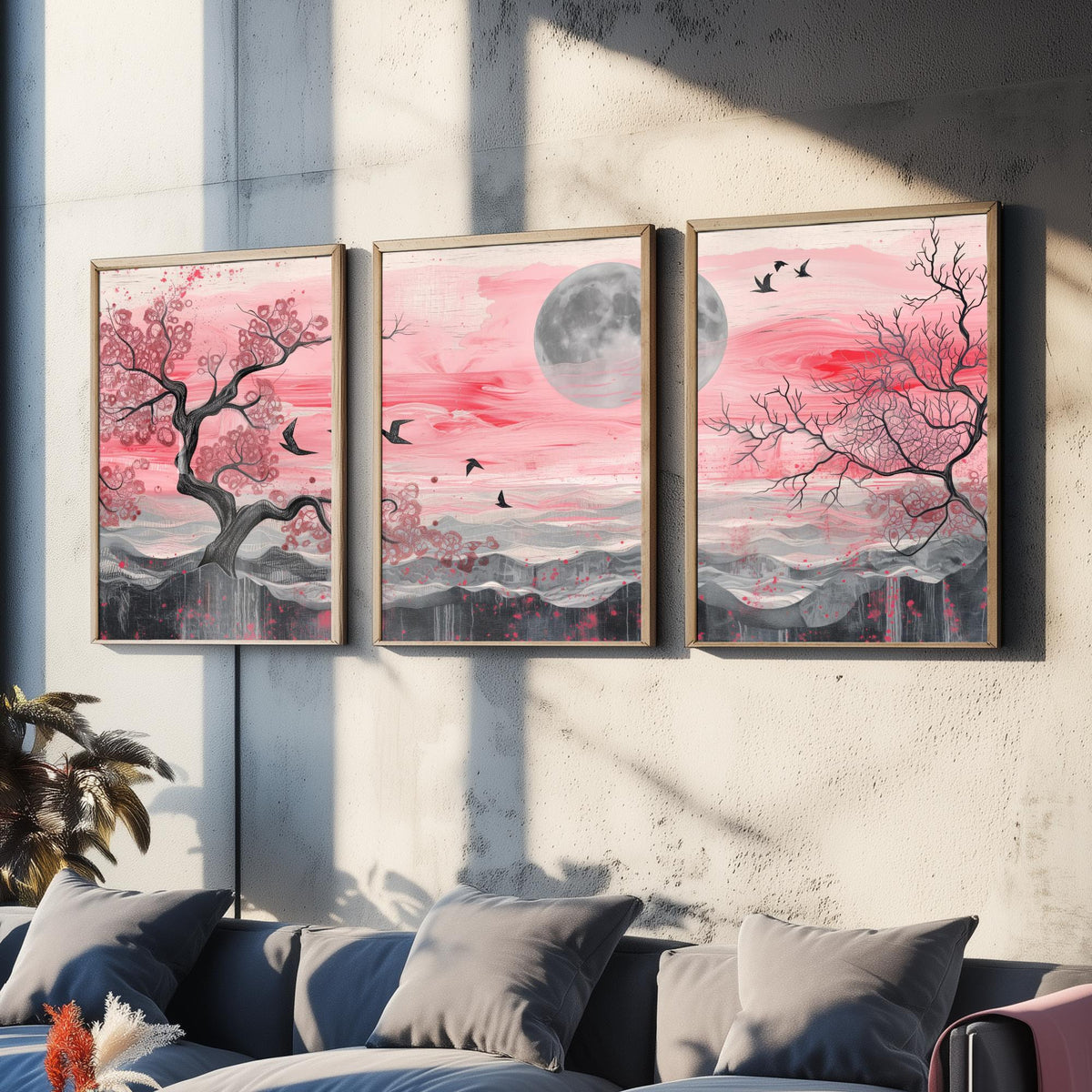 Pink Moonlit Trees and Birds Set of Three Art Prints - 3 Abstract Landscape Paintings - Grey Moon Blossom Poster Wall Art Decor