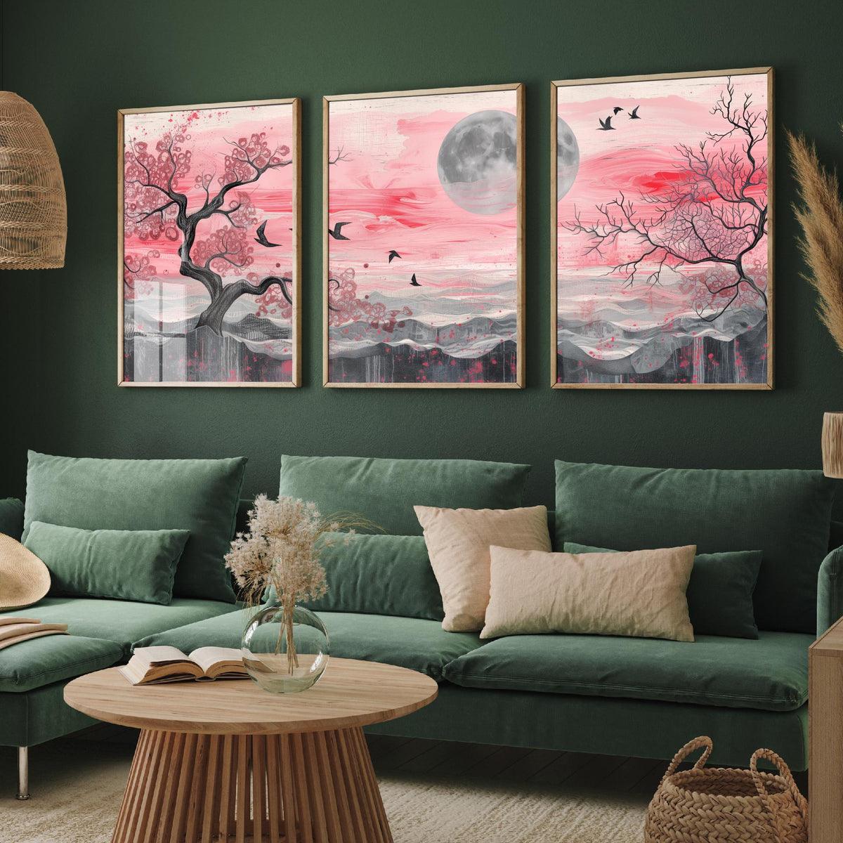 Pink Moonlit Trees and Birds Set of Three Art Prints - 3 Abstract Landscape Paintings - Grey Moon Blossom Poster Wall Art Decor