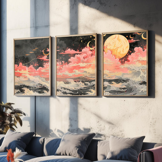 Waves and Moons Abstract Landscape Set of Three Art Prints - 3 Pink Gold Paintings - Ocean Night Sky Crescent Poster Wall Art