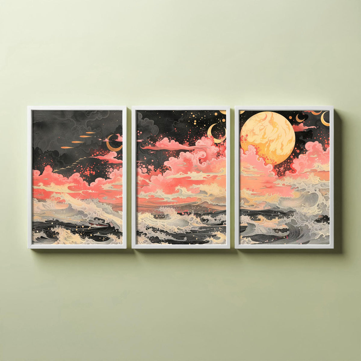 Waves and Moons Abstract Landscape Set of Three Art Prints - 3 Pink Gold Paintings - Ocean Night Sky Crescent Poster Wall Art