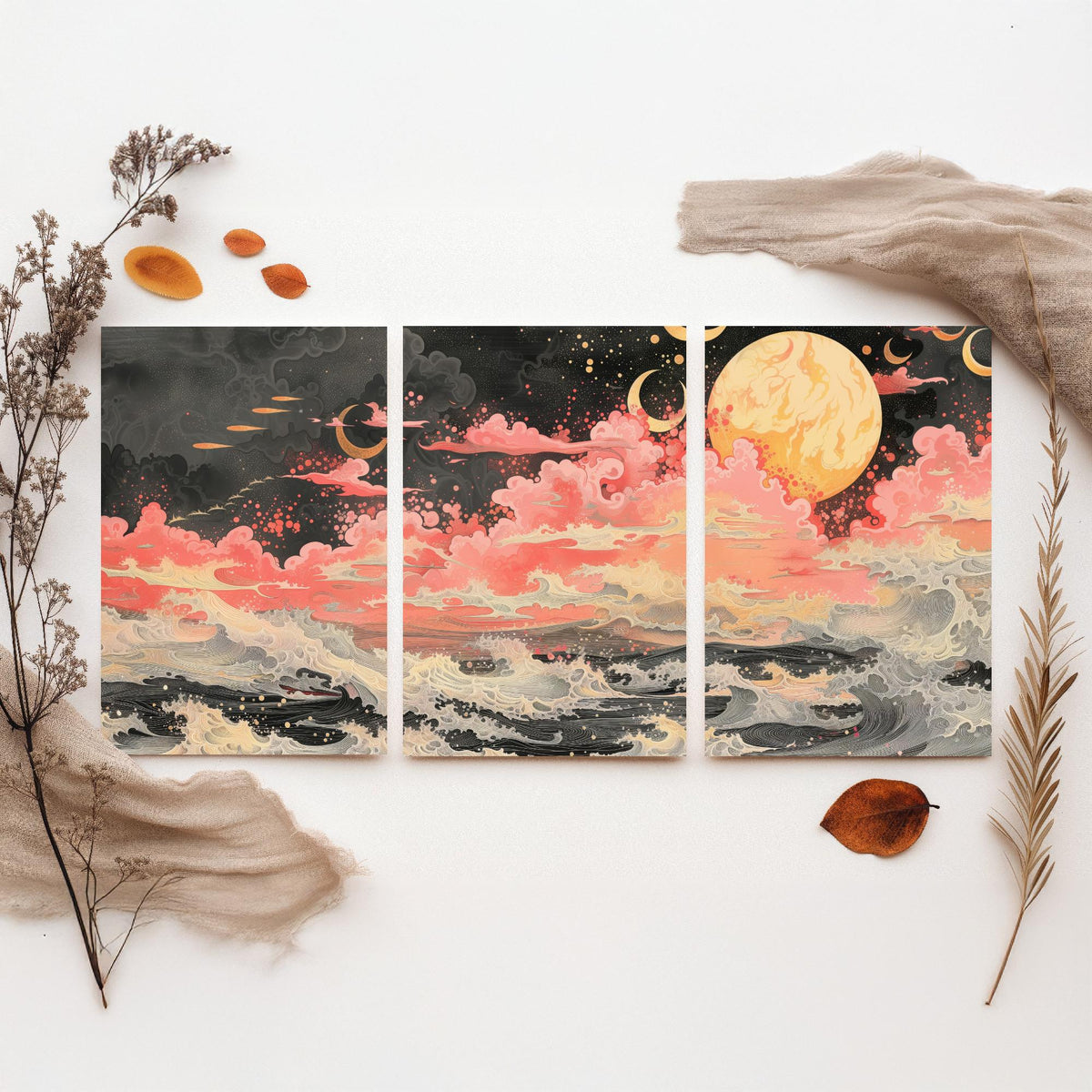 Waves and Moons Abstract Landscape Set of Three Art Prints - 3 Pink Gold Paintings - Ocean Night Sky Crescent Poster Wall Art