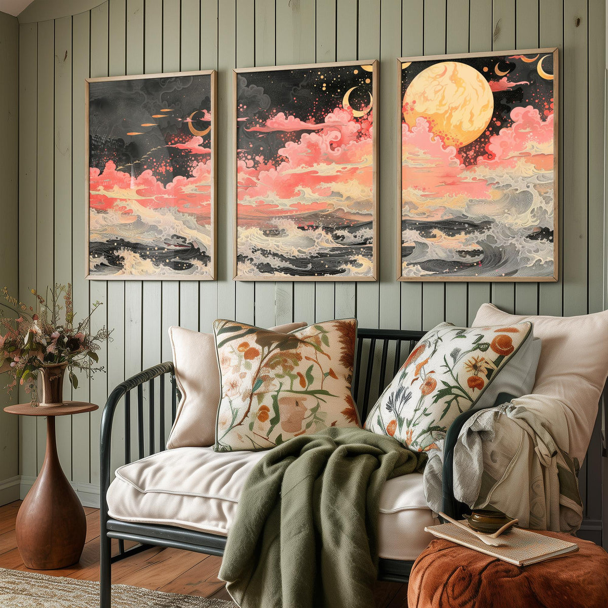 Waves and Moons Abstract Landscape Set of Three Art Prints - 3 Pink Gold Paintings - Ocean Night Sky Crescent Poster Wall Art