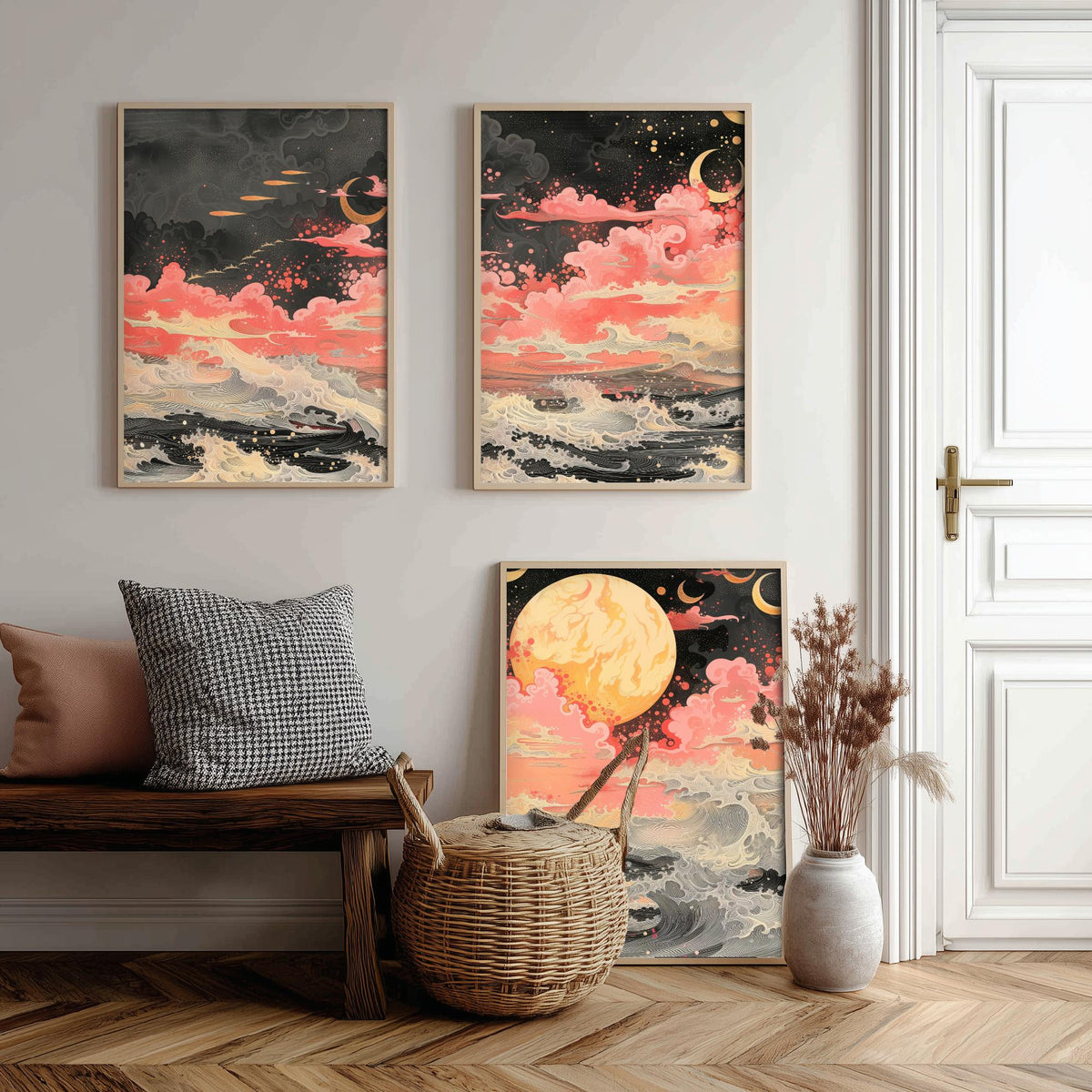 Waves and Moons Abstract Landscape Set of Three Art Prints - 3 Pink Gold Paintings - Ocean Night Sky Crescent Poster Wall Art