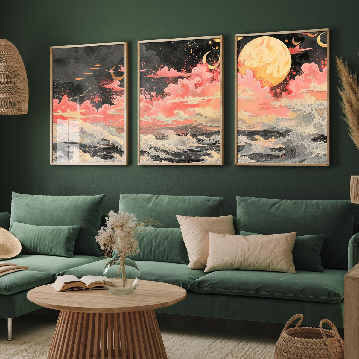 Waves and Moons Abstract Landscape Set of Three Art Prints - 3 Pink Gold Paintings - Ocean Night Sky Crescent Poster Wall Art