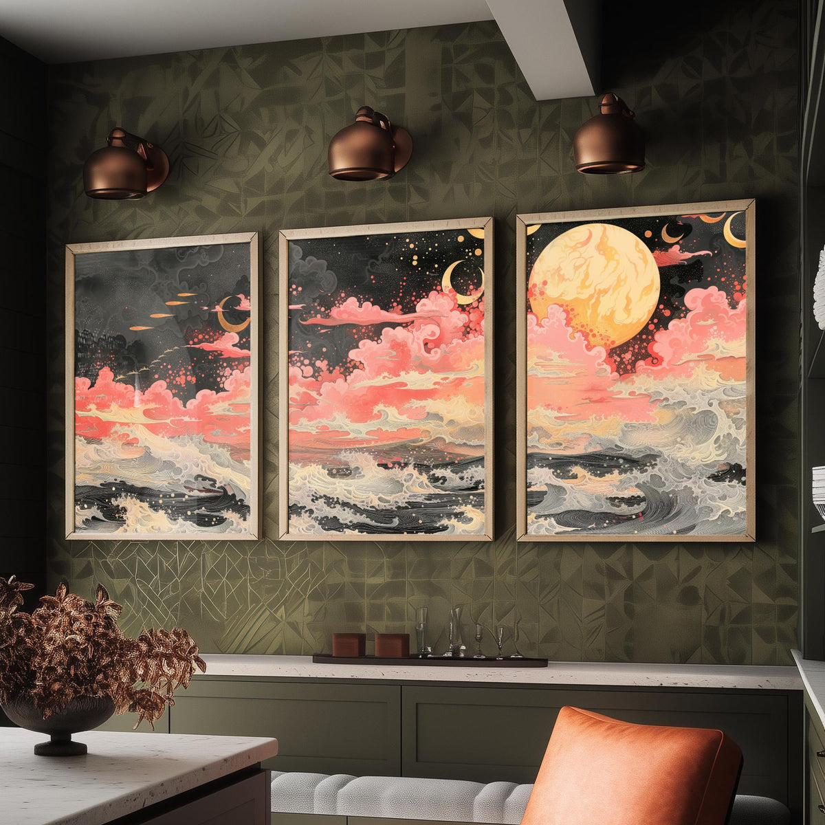 Waves and Moons Abstract Landscape Set of Three Art Prints - 3 Pink Gold Paintings - Ocean Night Sky Crescent Poster Wall Art