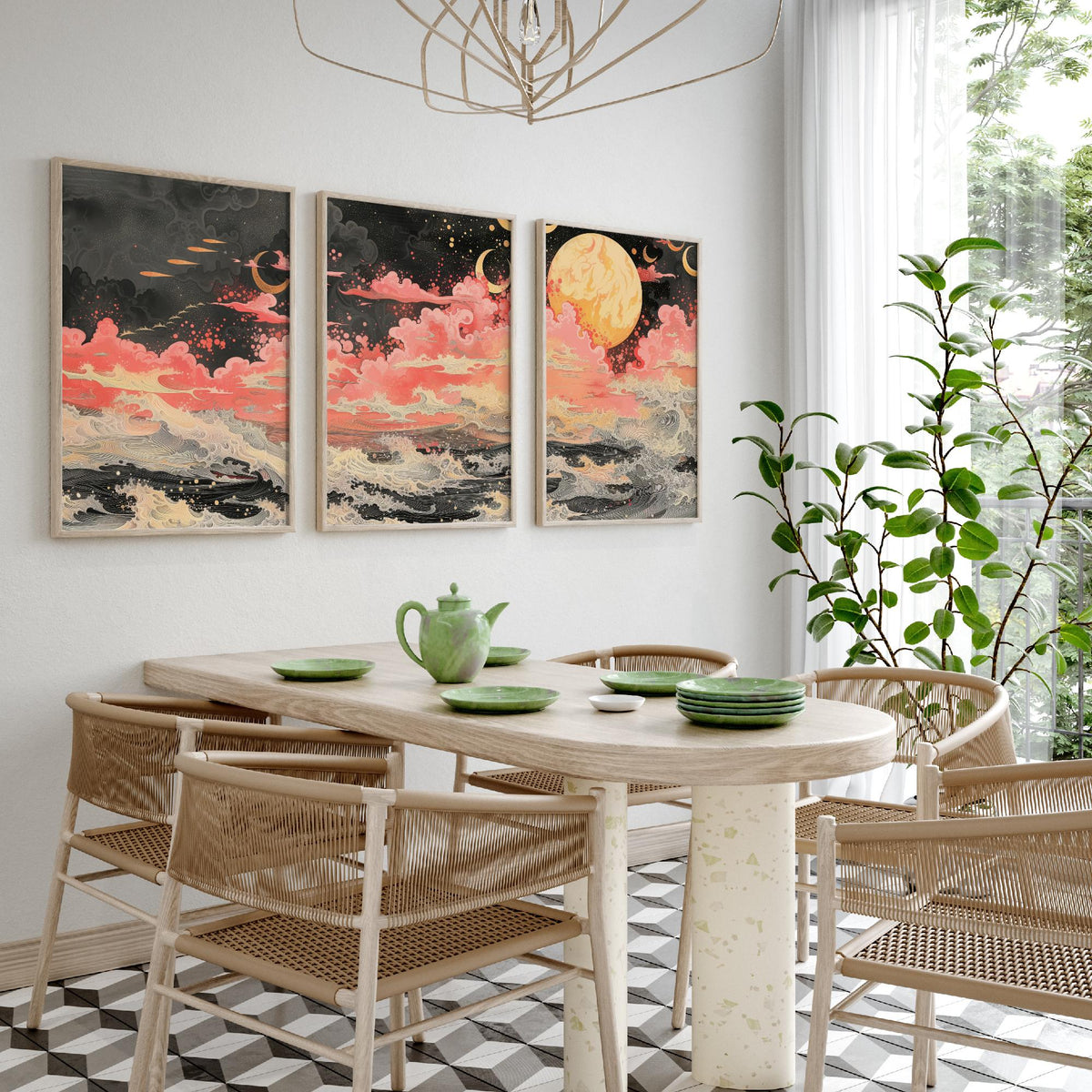 Waves and Moons Abstract Landscape Set of Three Art Prints - 3 Pink Gold Paintings - Ocean Night Sky Crescent Poster Wall Art