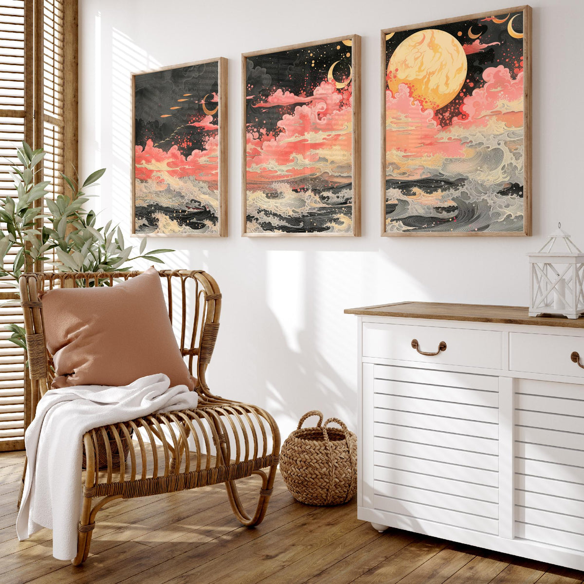 Waves and Moons Abstract Landscape Set of Three Art Prints - 3 Pink Gold Paintings - Ocean Night Sky Crescent Poster Wall Art
