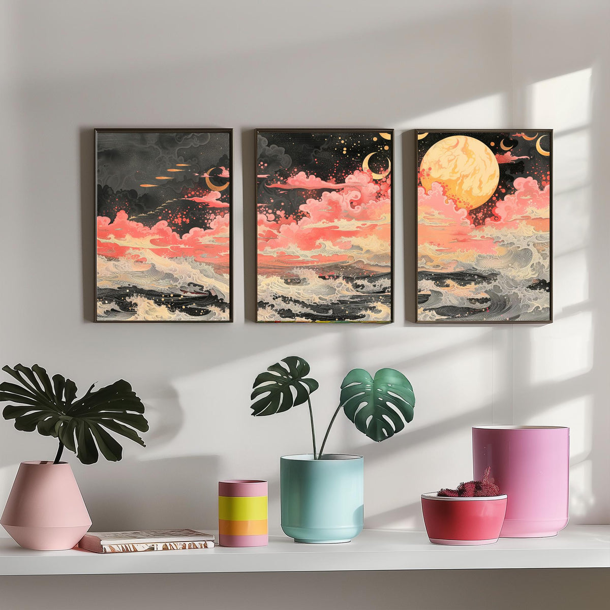 Waves and Moons Abstract Landscape Set of Three Art Prints - 3 Pink Gold Paintings - Ocean Night Sky Crescent Poster Wall Art