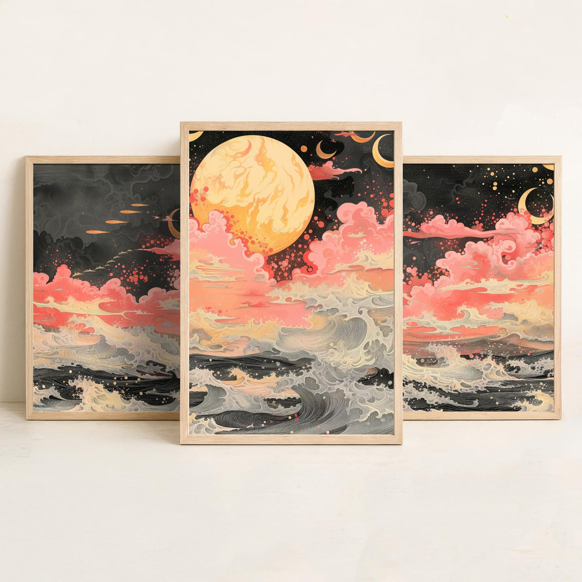 Waves and Moons Abstract Landscape Set of Three Art Prints - 3 Pink Gold Paintings - Ocean Night Sky Crescent Poster Wall Art