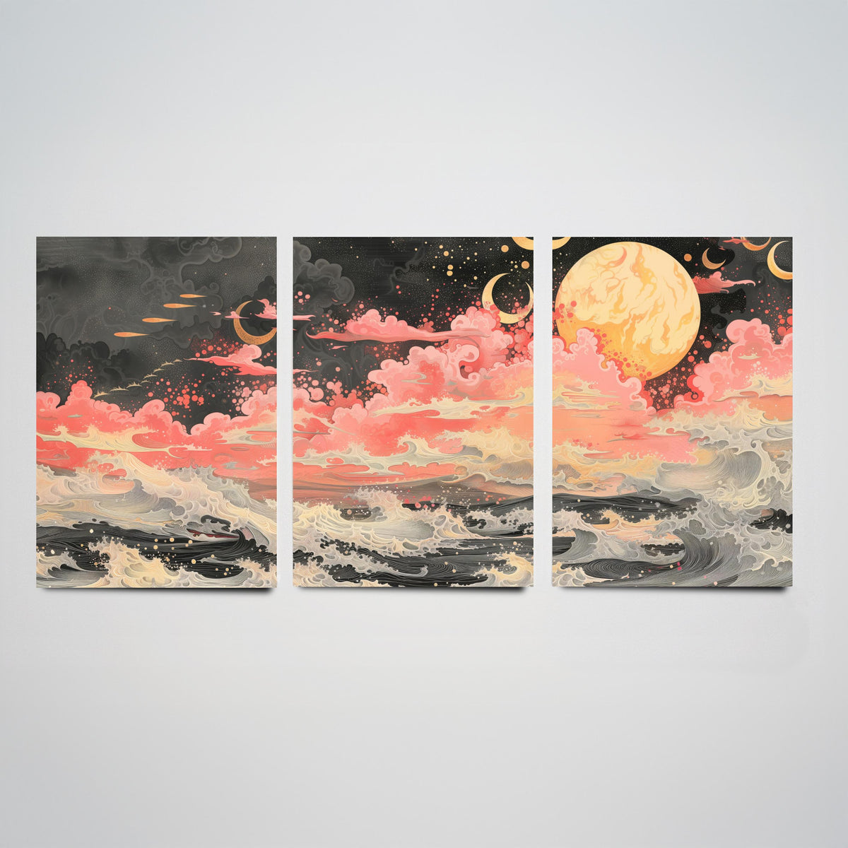 Waves and Moons Abstract Landscape Set of Three Art Prints - 3 Pink Gold Paintings - Ocean Night Sky Crescent Poster Wall Art