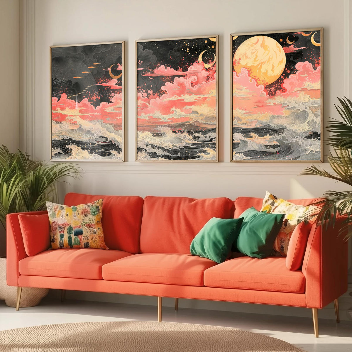 Waves and Moons Abstract Landscape Set of Three Art Prints - 3 Pink Gold Paintings - Ocean Night Sky Crescent Poster Wall Art