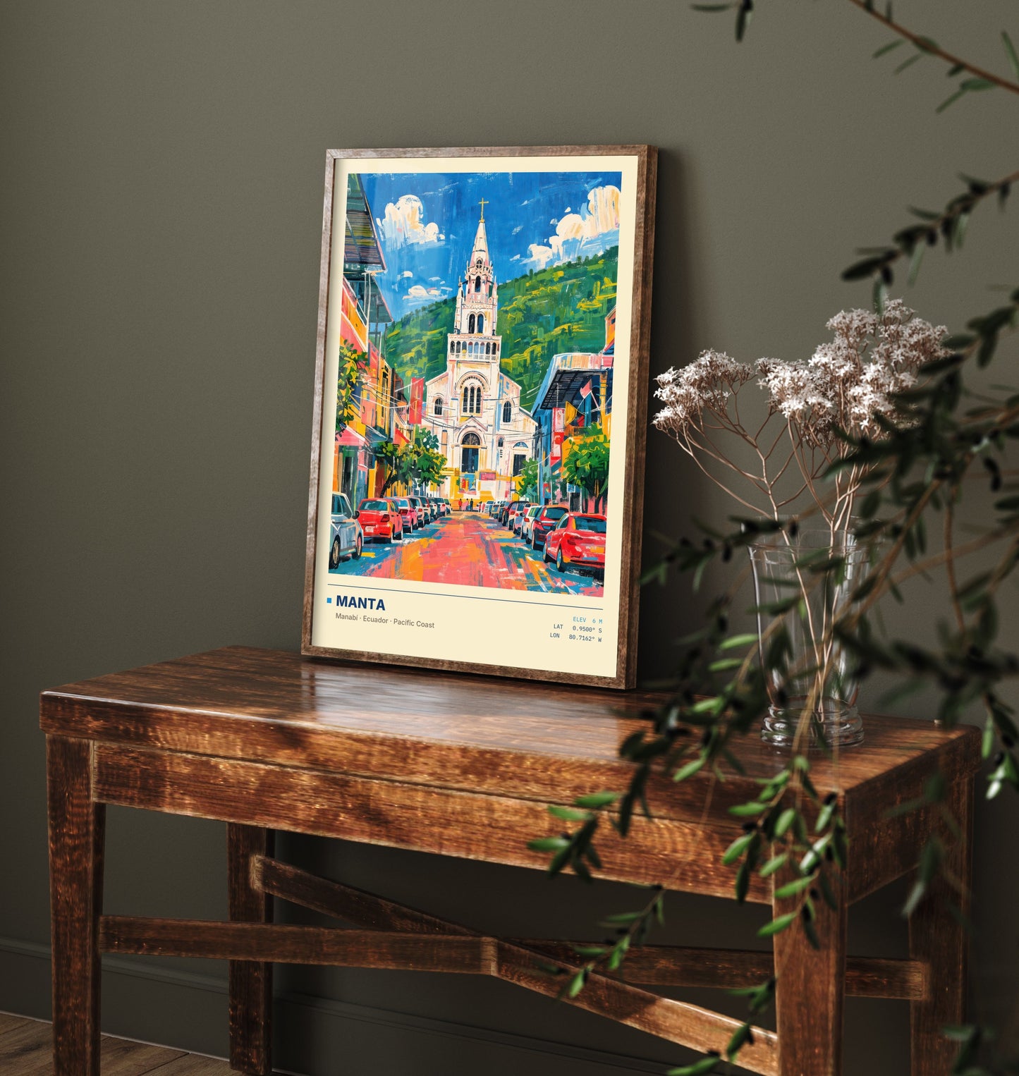 Manta Ecuador Travel Poster - Manabi Cathedral Art Print - Colourful Street Painting - Pacific Coast Wall Art