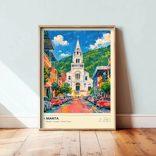 Manta Ecuador Travel Poster - Manabi Cathedral Art Print - Colourful Street Painting - Pacific Coast Wall Art