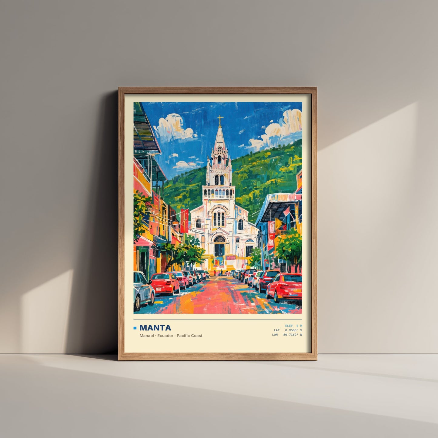 Manta Ecuador Travel Poster - Manabi Cathedral Art Print - Colourful Street Painting - Pacific Coast Wall Art