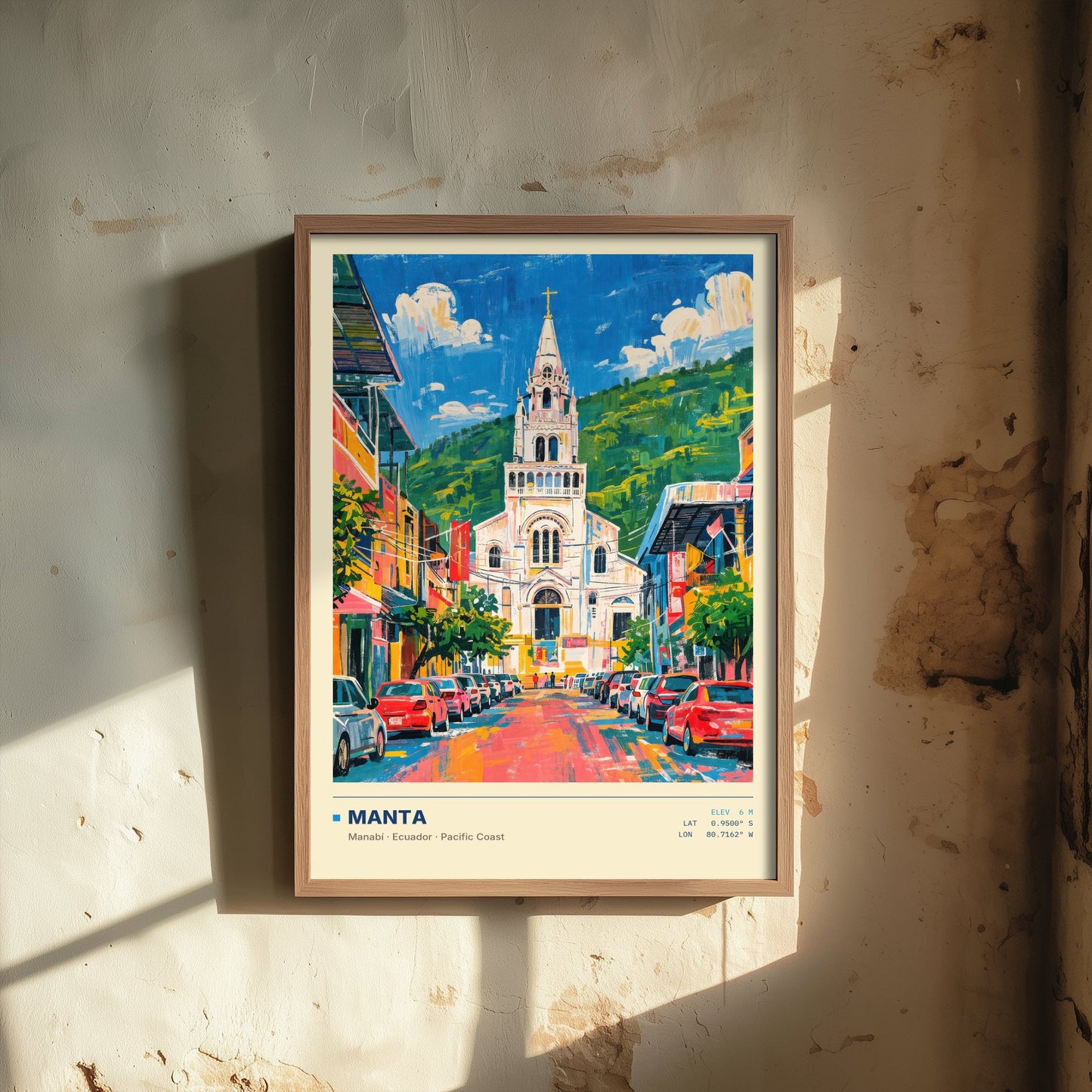 Manta Ecuador Travel Poster - Manabi Cathedral Art Print - Colourful Street Painting - Pacific Coast Wall Art