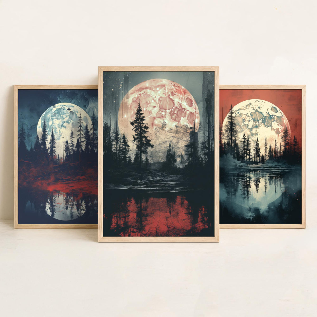 Maroon Moon over Water Set of Three Art Prints - Full Moons, Pine Forests and Red Reflections - Moody Night Poster Illustration