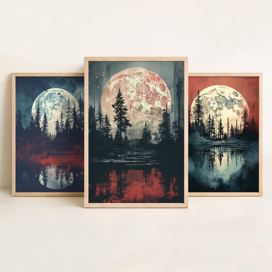 Maroon Moon over Water Set of Three Art Prints - Full Moons, Pine Forests and Red Reflections - Moody Night Poster Illustration