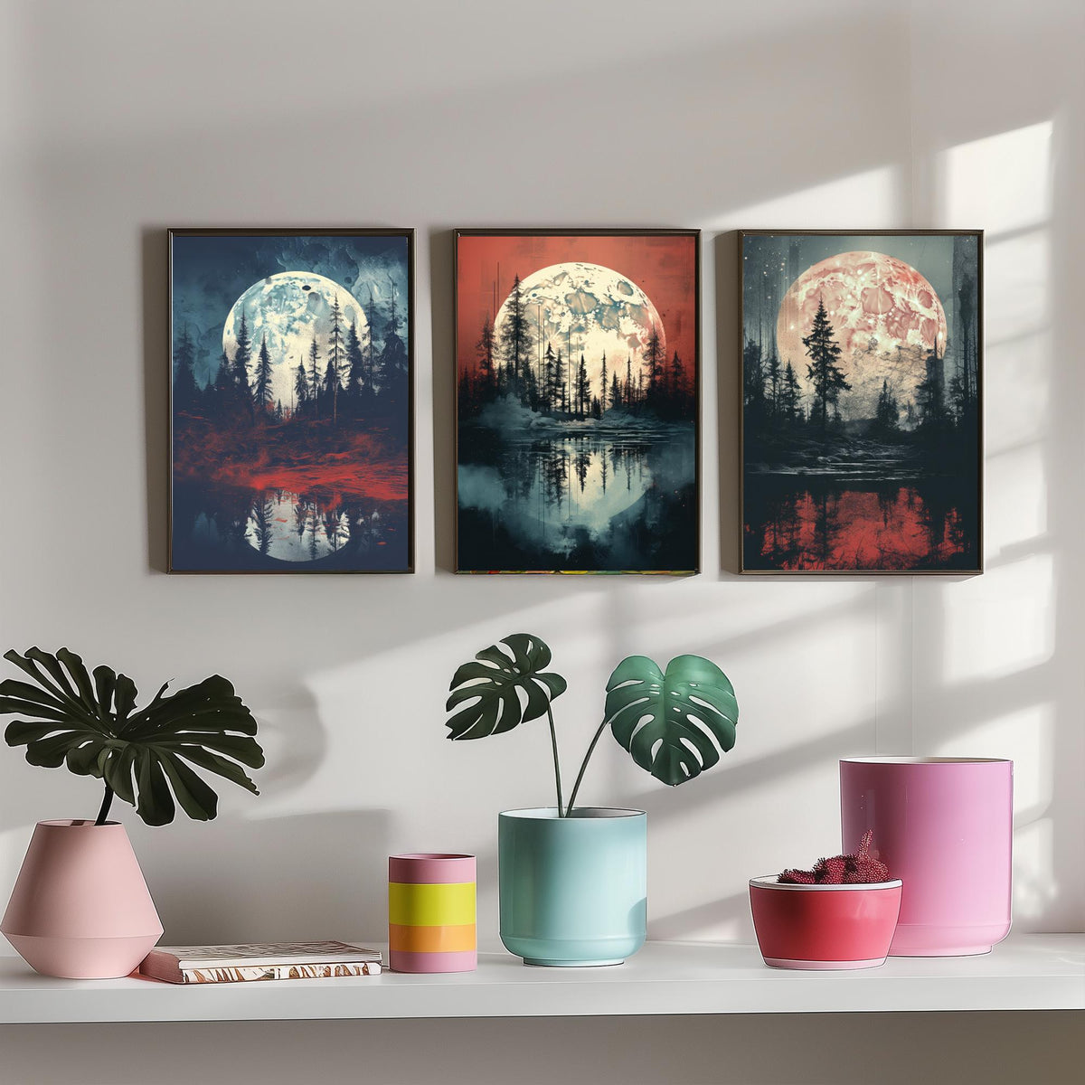 Maroon Moon over Water Set of Three Art Prints - Full Moons, Pine Forests and Red Reflections - Moody Night Poster Illustration
