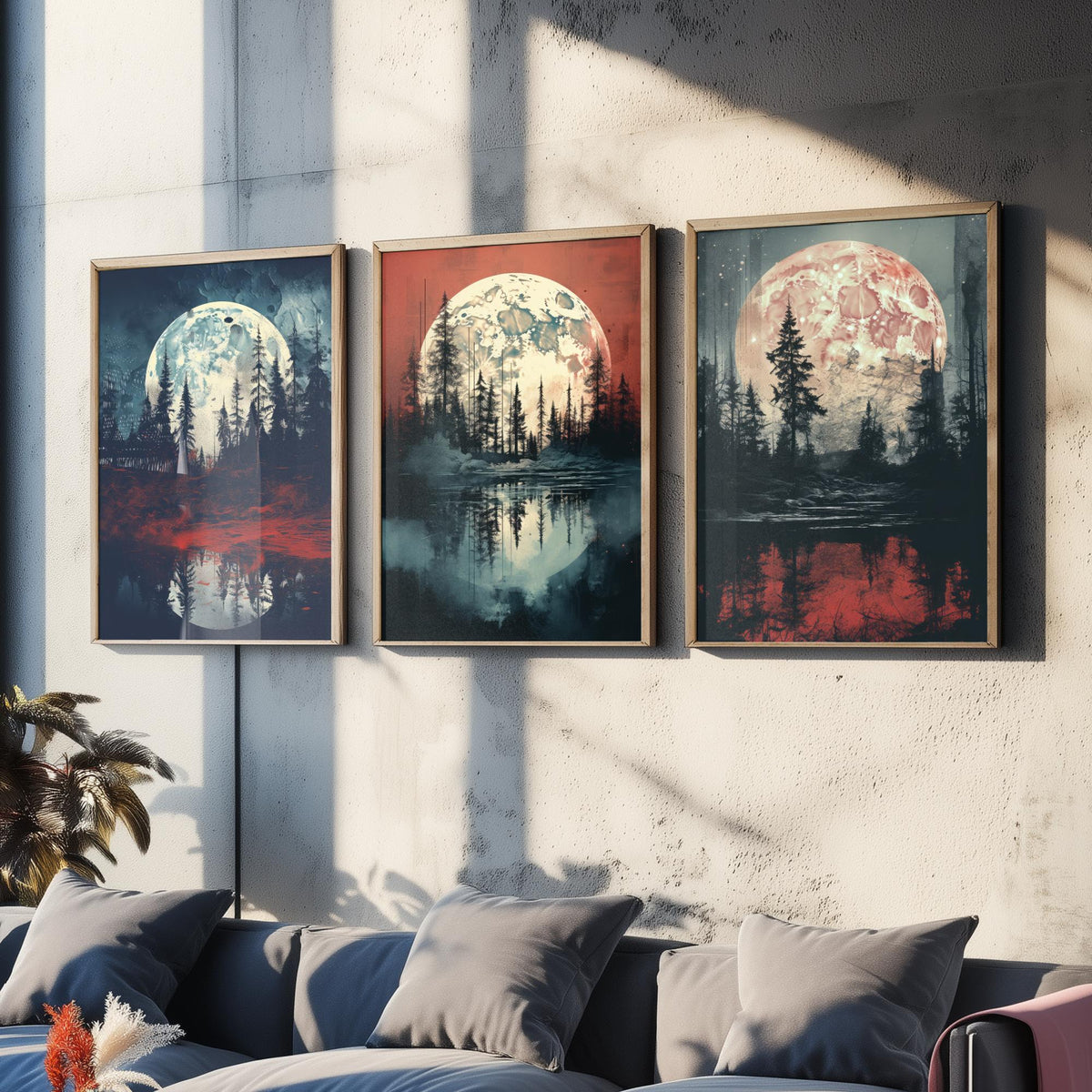 Maroon Moon over Water Set of Three Art Prints - Full Moons, Pine Forests and Red Reflections - Moody Night Poster Illustration