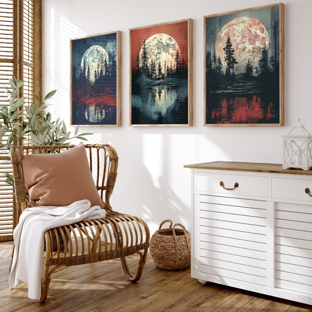 Maroon Moon over Water Set of Three Art Prints - Full Moons, Pine Forests and Red Reflections - Moody Night Poster Illustration