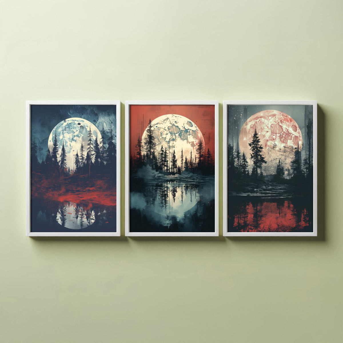 Maroon Moon over Water Set of Three Art Prints - Full Moons, Pine Forests and Red Reflections - Moody Night Poster Illustration