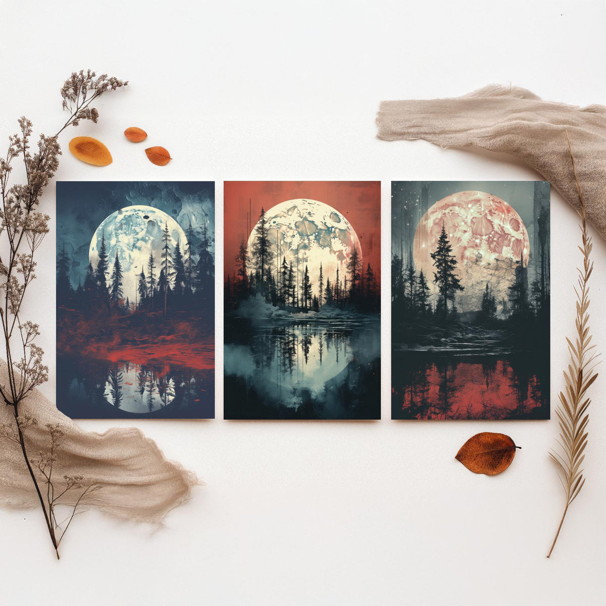 Maroon Moon over Water Set of Three Art Prints - Full Moons, Pine Forests and Red Reflections - Moody Night Poster Illustration