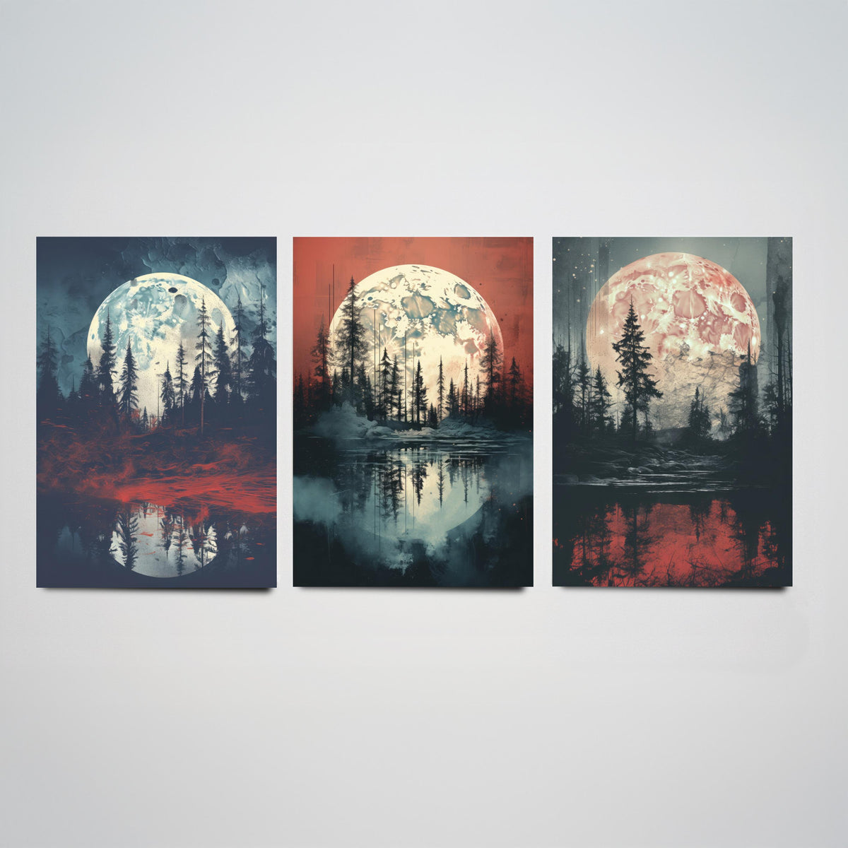 Maroon Moon over Water Set of Three Art Prints - Full Moons, Pine Forests and Red Reflections - Moody Night Poster Illustration