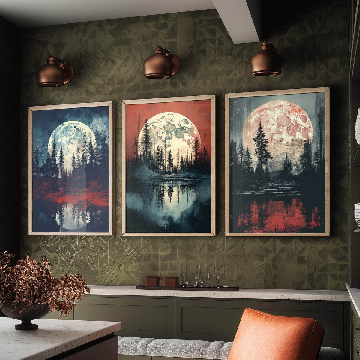 Maroon Moon over Water Set of Three Art Prints - Full Moons, Pine Forests and Red Reflections - Moody Night Poster Illustration