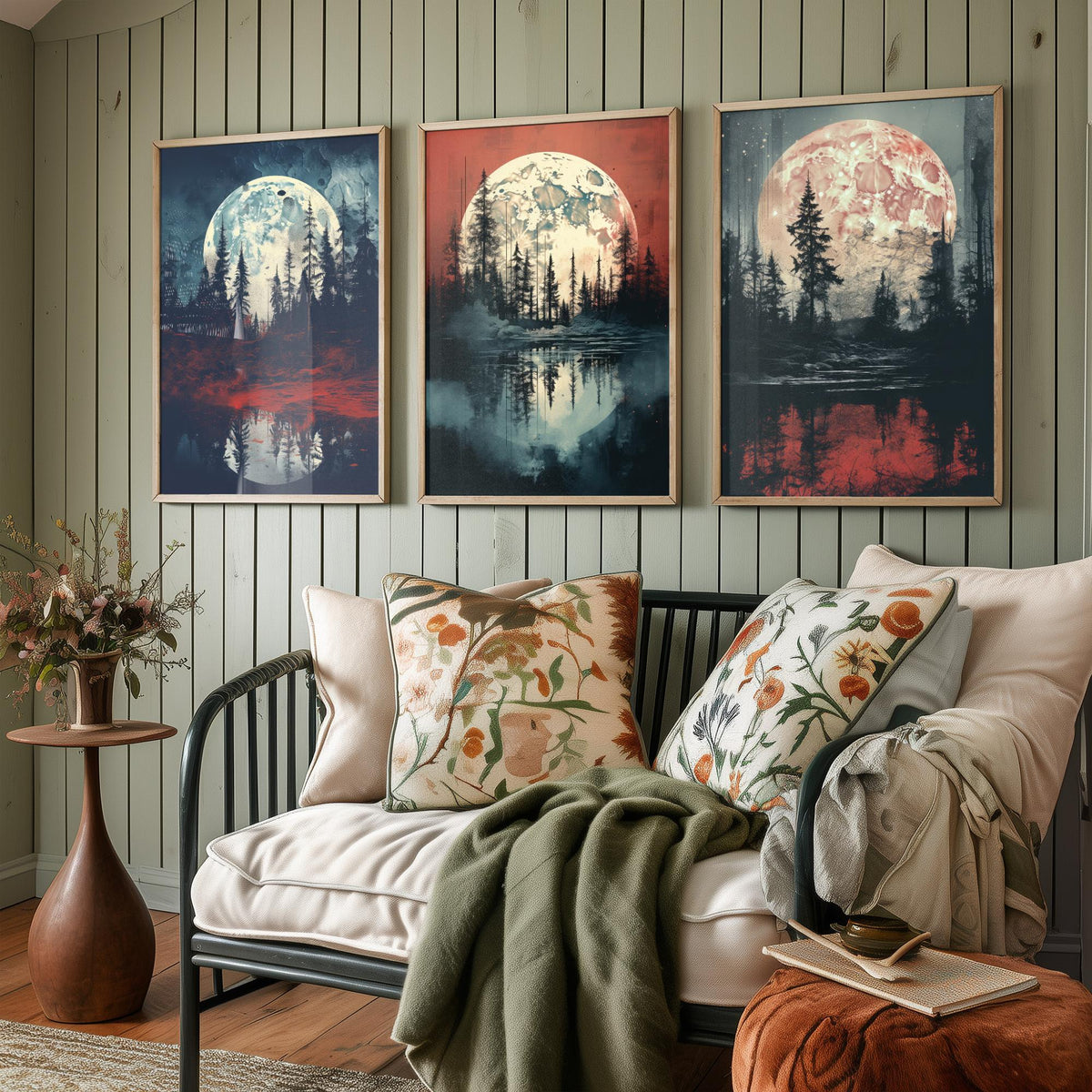 Maroon Moon over Water Set of Three Art Prints - Full Moons, Pine Forests and Red Reflections - Moody Night Poster Illustration