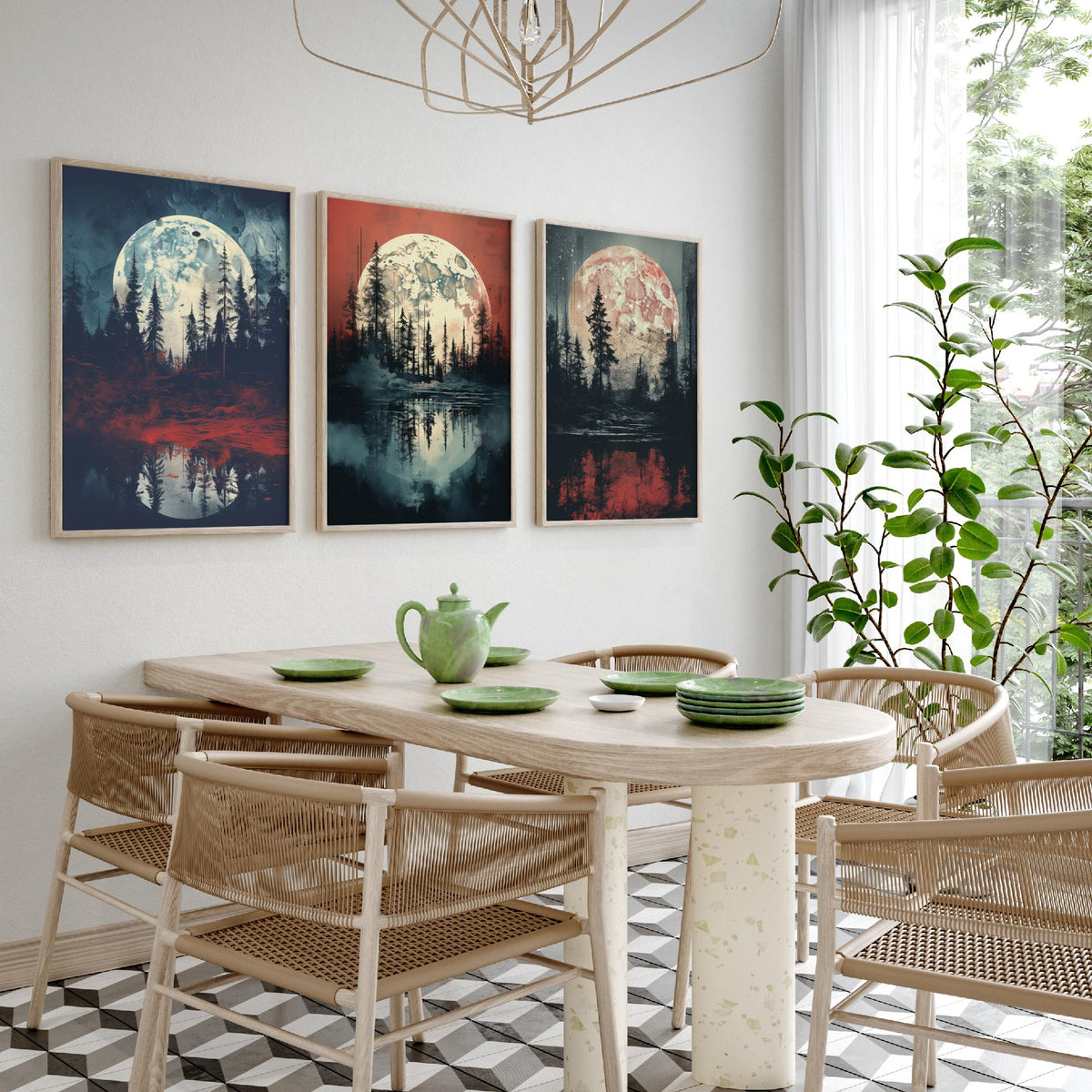 Maroon Moon over Water Set of Three Art Prints - Full Moons, Pine Forests and Red Reflections - Moody Night Poster Illustration