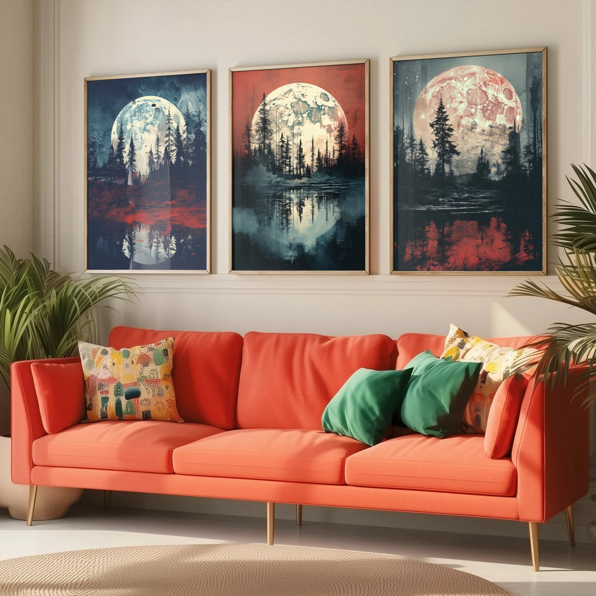 Maroon Moon over Water Set of Three Art Prints - Full Moons, Pine Forests and Red Reflections - Moody Night Poster Illustration