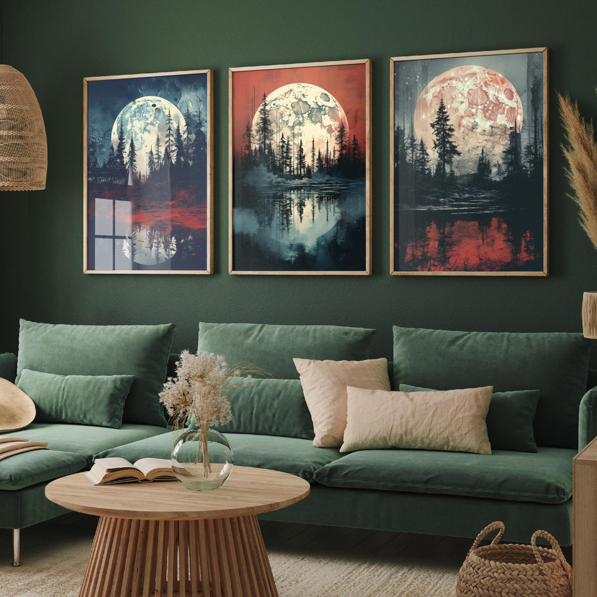 Maroon Moon over Water Set of Three Art Prints - Full Moons, Pine Forests and Red Reflections - Moody Night Poster Illustration