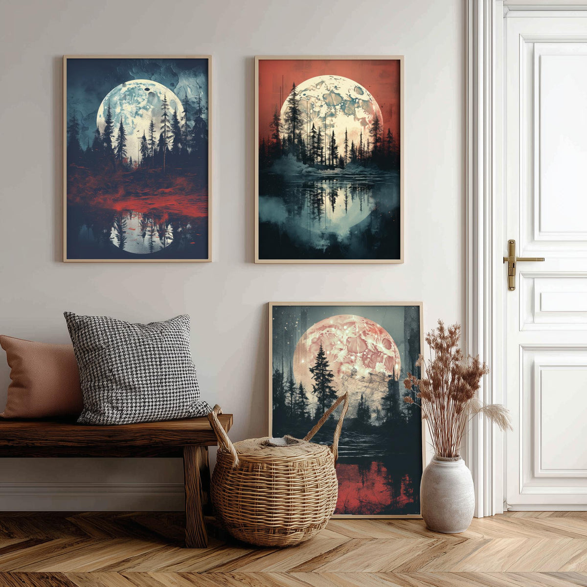 Maroon Moon over Water Set of Three Art Prints - Full Moons, Pine Forests and Red Reflections - Moody Night Poster Illustration