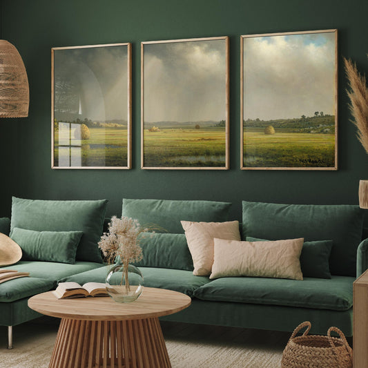 Martin Johnson Heade Newbury Meadows Set of Three Art Prints - Haystacks on the Marsh - Panoramic Landscape Painting Poster