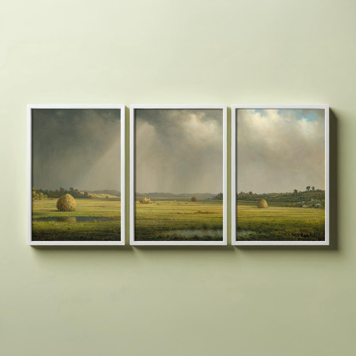 Martin Johnson Heade Newbury Meadows Set of Three Art Prints - Haystacks on the Marsh - Panoramic Landscape Painting Poster