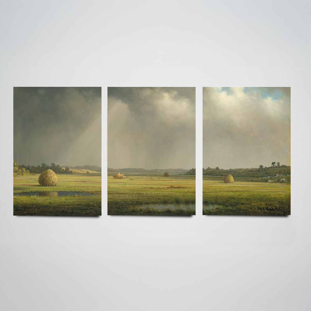 Martin Johnson Heade Newbury Meadows Set of Three Art Prints - Haystacks on the Marsh - Panoramic Landscape Painting Poster